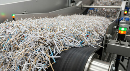 Shredded paper moving on conveyor belt highlights advanced robotics and automation in recycling industry. close up view of document destruction machinery