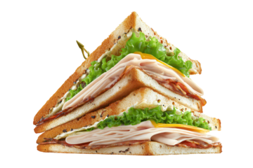 Sliced sandwich with ham lettuce and cheese isolated on a transparent background