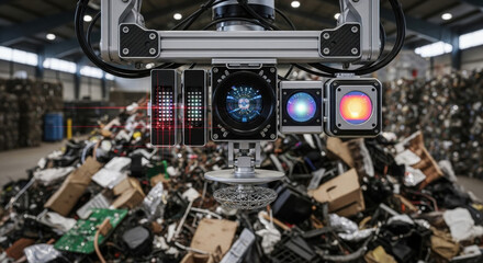 Futuristic robotics arm with advanced sensors uses automation for sorting junk in waste management industry showing focused and efficient operation for sustainable future