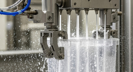 Close up of manufacturing machine using robotics for automation. modern industry production line precisely fills transparent containers with clear liquid for mass production