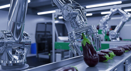 Advanced robotics technology and automation shaping future of food industry. precise robotic arm sorts fresh eggplant on conveyor belt in smart factory environment