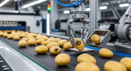 Advanced robotics in food industry show modern automation. robotic arm sorts potato from conveyor belt in smart factory for efficient processing and quality control