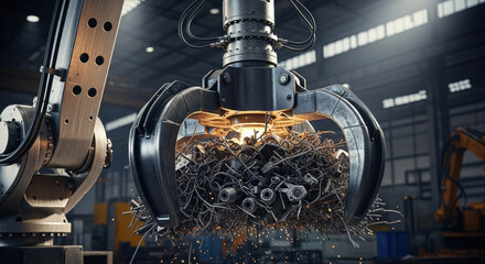 Powerful robotics arm with large claw demonstrates automation in recycling industry. This factory machine processes scrap metal representing modern industrial technology