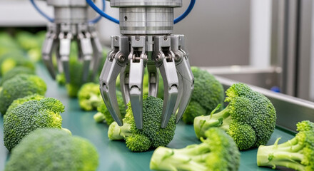 Robotic arm in food industry demonstrating precision automation. future of food processing and robotics technology on conveyor belt with fresh green broccoli