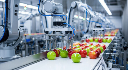 Advanced robotics and automation transforming modern food industry. precise robotic arm sorts fresh red and green apples on conveyor belt inside clean factory production line