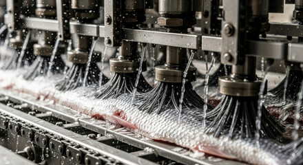 Fish processing line with advanced robotics and automation in food industry. An efficient machine washes and scales fish on conveyor belt for seafood production