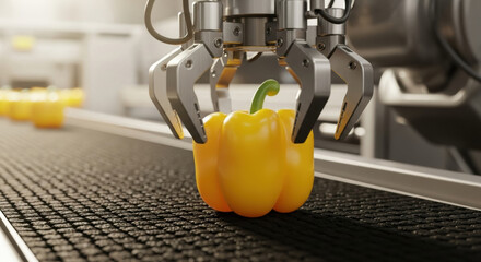 Advanced robotics arm in food industry showing automation at factory. machine precisely handles yellow pepper on conveyor belt for efficient processing and sorting