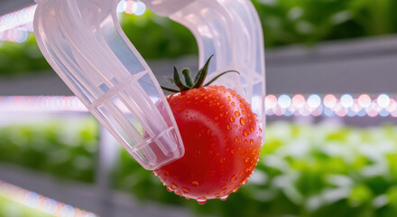 Advanced robotics and automation transforming agriculture industry. soft robot hand gently picks fresh ripe tomato from plant in modern vertical farm for quality food