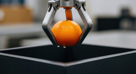 Robotic arm demonstrates precision automation in food industry. Advanced robotics technology carefully handles fresh orange for sorting or packaging