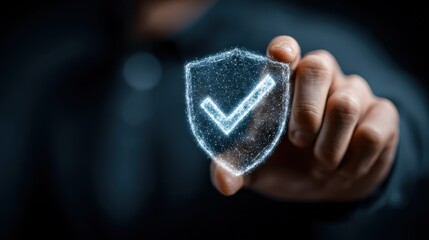 A hand confidently presents a shimmering digital shield, a compelling metaphor for security and protection. Featuring a glowing checkmark.  ..Created with Generative AI, not depicting real subjects.