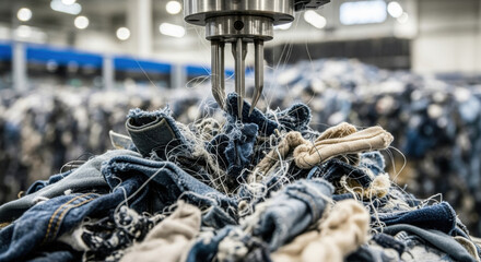 Close up view of textile recycling machinery in action. Powerful robotics and automation drive modern fashion industry forward by processing large pile of old clothes for reuse
