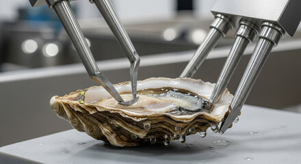 Precision robotics and automation changing modern food industry. sophisticated robotic arm with metal tongs processes fresh oyster on production line for advanced manufacturing