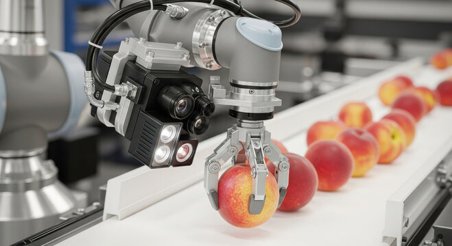 Advanced robotics and automation technology transforming food industry. robotic arm on production line picks fresh peach from conveyor belt for food processing