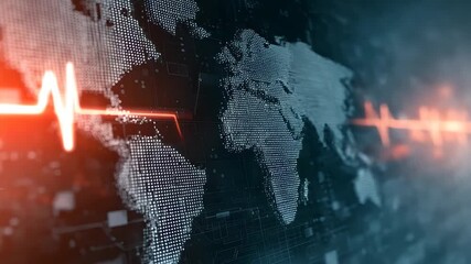 Digital representation of global health trends with heartbeat overlay on a world map in a futuristic design