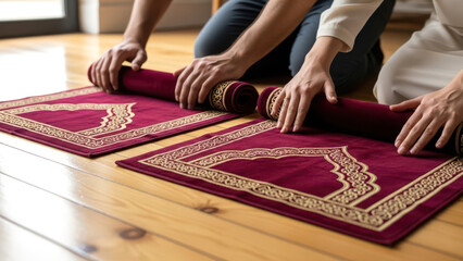 Muslim Couple Rolling Up Red Prayer Rugs on Wooden Floor After Prayer
