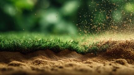 A close-up of grass and soil, with particles of dirt suspended in the air, creating a vibrant natural scene.