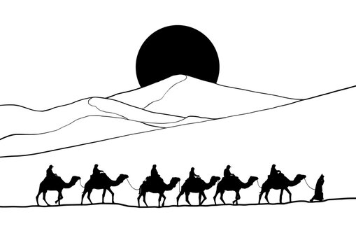 Islamic theme illustration with some people ride camels to travel in the hot desert