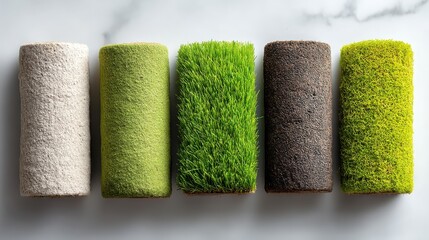 Various rolls of artificial grass in different shades, showcasing textures and colors, ideal for landscaping or interior design.
