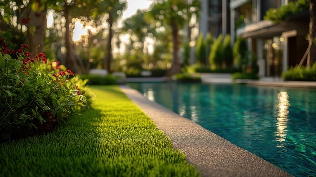 A serene poolside scene featuring vibrant greenery, flowers, and a clear reflection in the water, illuminated by soft sunset light.