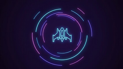 Futuristic neon spaceship icon with vibrant cosmic energy rings dynamic digital graphic