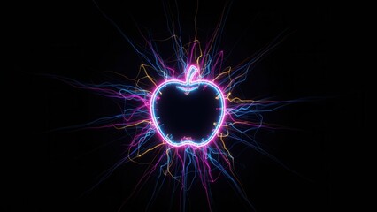 Dynamic neon apple outline surrounded by dazzling multi-colored electrical streams against a dark