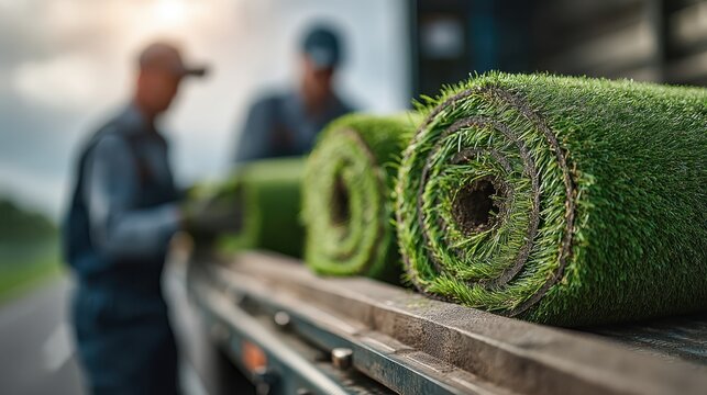 Workers loading rolls of artificial turf onto a truck, showcasing the process of landscaping or sports field preparation.