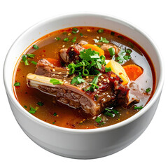 Fototapeta premium A robust bowl of konro soup, highlighting the fall-off-the-bone beef ribs and its complex, savory broth, captured in isolation on a stark white background