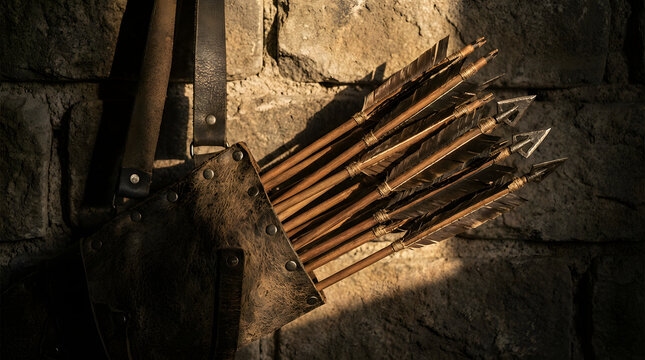 A full quiver of arrows rests against a textured stone wall, bathed in dramatic light
