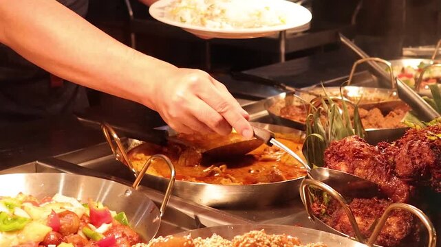 Chef Serving Various Asian Dishes from a Buffet Counter