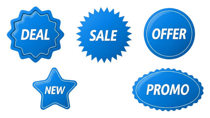 Modern Blue Promotional Sale Stickers and Discount Tags Set with Glossy Deal, Offer, and Promo Badges for E-commerce Retail