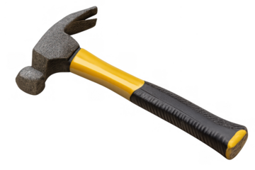 Claw hammer with yellow and black grip, ideal tool for construction, repair, and diy projects, on transparent background
