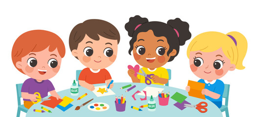 Preschool Kids Doing Creative Art Activities Together. Children Making Paper Crafts with Glue and Scissors. Art Class for Children with Colored Paper and Supplies.