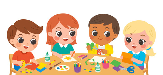 Preschool Kids Doing Creative Art Activities Together. Children Making Paper Crafts with Glue and Scissors. Art Class for Children with Colored Paper and Supplies.