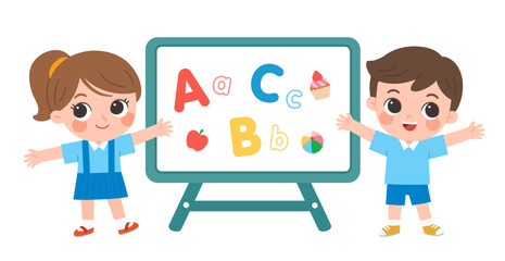 Happy school children learning alphabet letters together in a classroom, standing beside a colorful board with ABC symbols and playful illustrations.