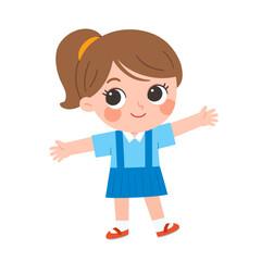 Happy school girl standing with open arms, smiling confidently in a blue uniform, expressing joy and readiness to learn at school.