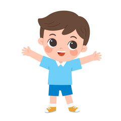 Happy school boy standing with open arms, smiling confidently in a blue uniform, expressing joy and readiness to learn at school.
