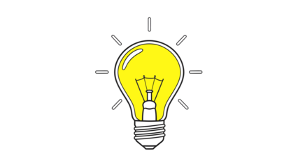 Bright yellow lightbulb with glowing filament and shining light rays on transparent background