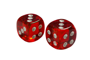 Two red, transparent dice with white pips