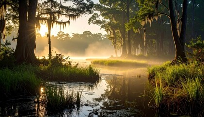 Misty swamp sunrise with majestic trees and Spanish moss.