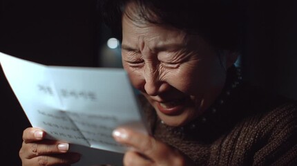 Heartfelt Moment: An elderly woman is captured in a raw and emotional moment, reading a letter that evokes a deep sense of emotion. This scene resonates with themes of sentimentality, memory.