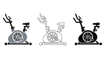 Three stylized illustrations of a stationary exercise bicycle in different design variations