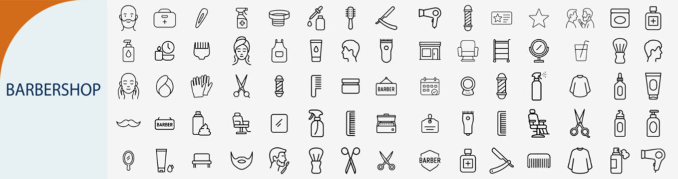 Barbershop line icons set, collection of hair salon and grooming symbols