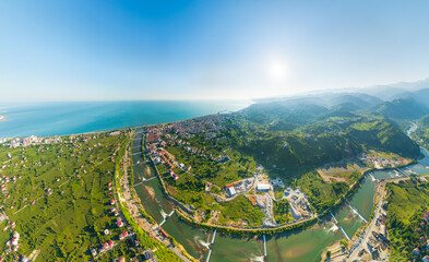 Ardeshen, Turkey. City on the Black Sea coast of Turkey. Firtina River Valley. River mouth. Summer sunny morning. Panorama. Aerial view