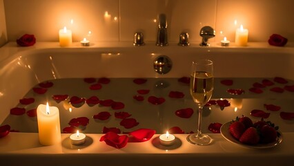 Romantic candlelit bath with rose petals and champagne romantic bath candles