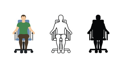 Three stylized figures in different art styles seated in office chairs
