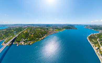 Istanbul, Turkey. Panorama of the city and the Bosphorus Strait. The strait between Europe and Asia. Summer sunny day. Aerial view