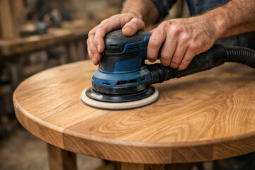 Focused craftsman sanding round wooden table with an electric orbital sander. Close up of hands at work in workshop, showing skill and detailed woodworking