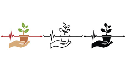 Caring for life: a hand holds a plant with a heartbeat graph, symbolizing growth and health.