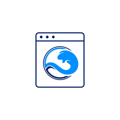 Sleek graphic of a washing machine with a dynamic blue wave, representing efficient laundry, fresh cleaning cycles, and aquatic hygiene solutions for modern living