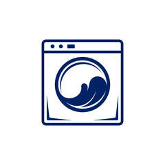 Stylized graphic symbol depicting a front-loading washing machine with a flowing water design, ideal for laundry business branding, cleaning service logos, and household appliance concepts